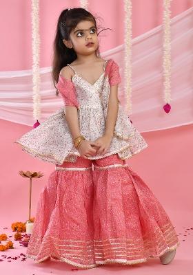 Girls White and Pink Kurta Sharara Set With Dupatta