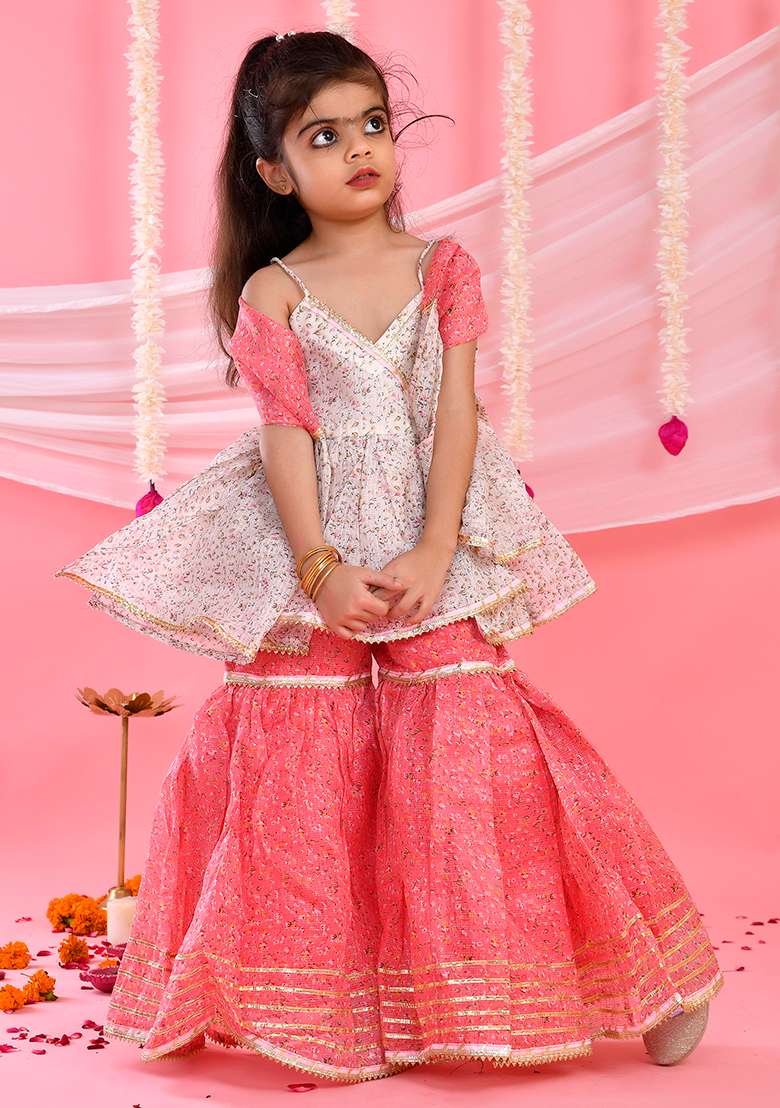 Girls White and Pink Kurta Sharara Set With Dupatta - Indya