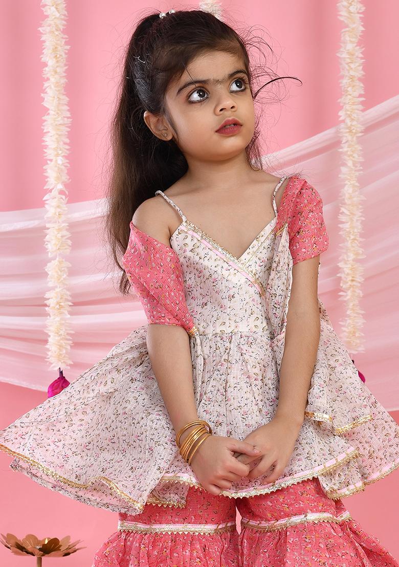 Girls White and Pink Kurta Sharara Set With Dupatta - Indya