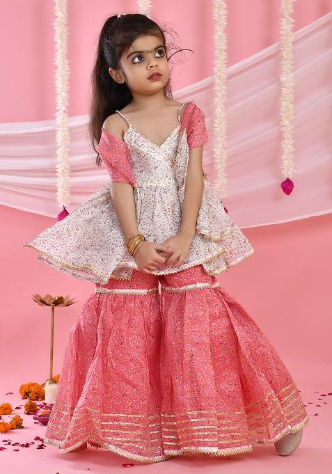 Girls White and Pink Kurta Sharara Set With Dupatta — view on Indya