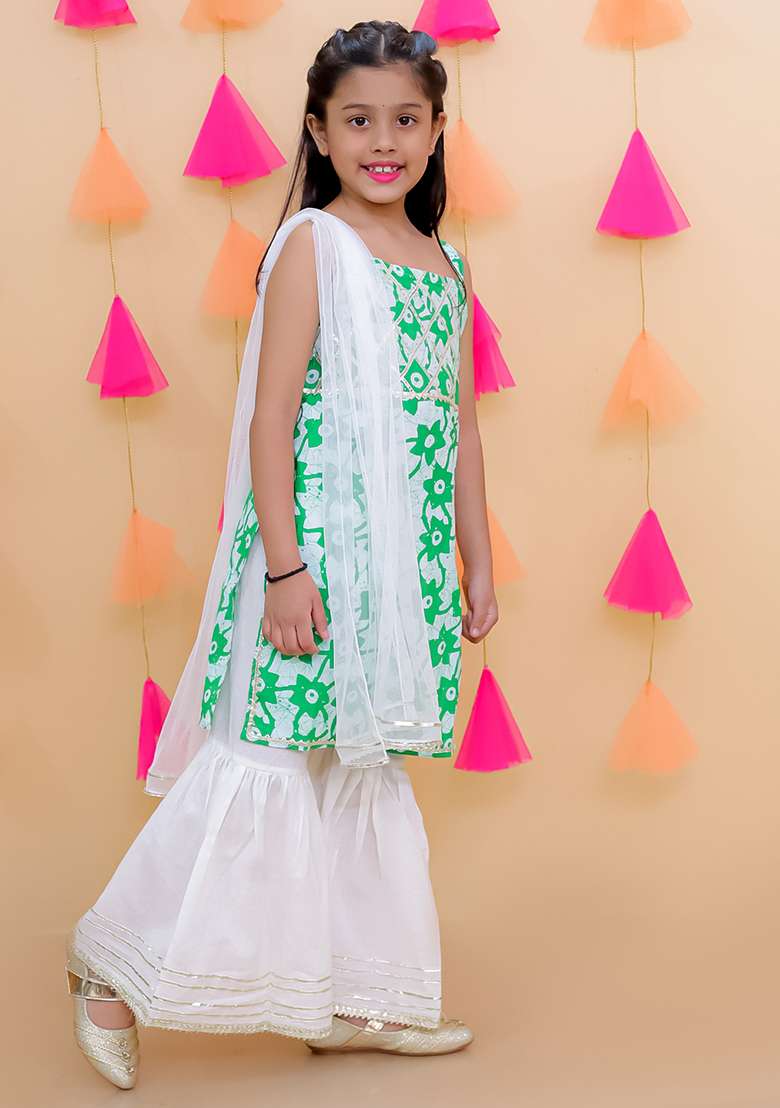 Green Embellished Cotton Sharara Set For Girls - Indya