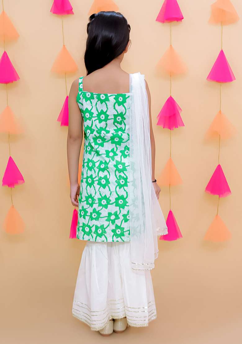Green Embellished Cotton Sharara Set For Girls - Indya