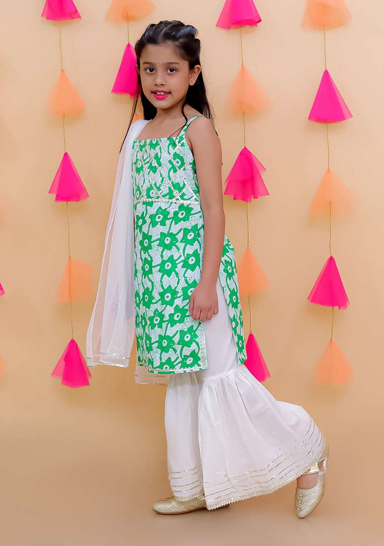 Green Embellished Cotton Sharara Set For Girls - Indya