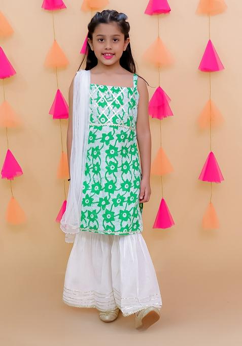 Green Embellished Cotton Sharara Set For Girls — view on Indya