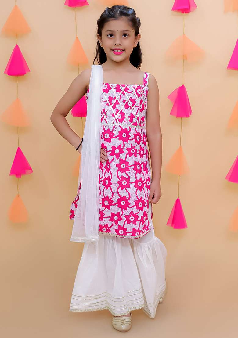 Pink Embellished Cotton Sharara Set For Girls - Indya