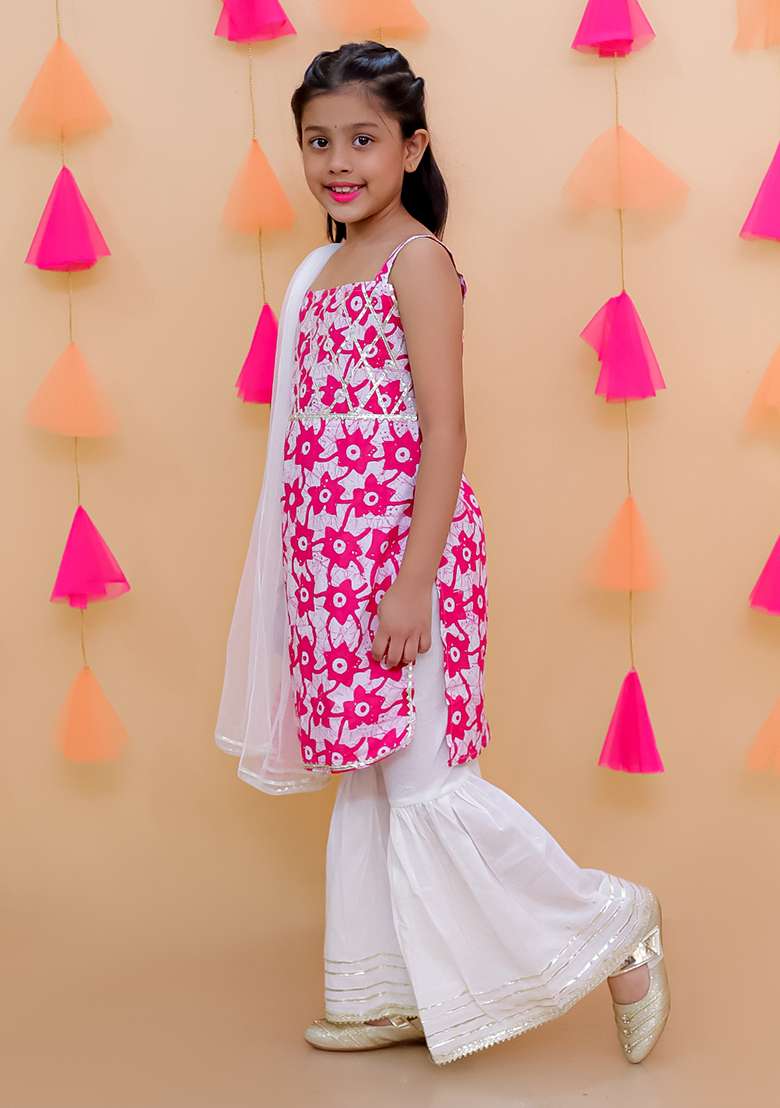 Pink Embellished Cotton Sharara Set For Girls - Indya