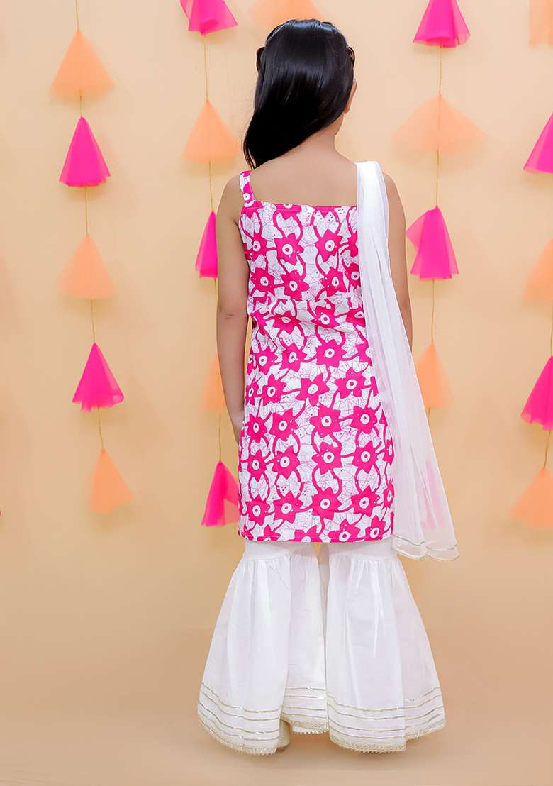 Pink Embellished Cotton Sharara Set For Girls - Indya