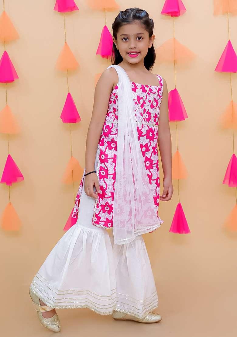 Pink Embellished Cotton Sharara Set For Girls - Indya