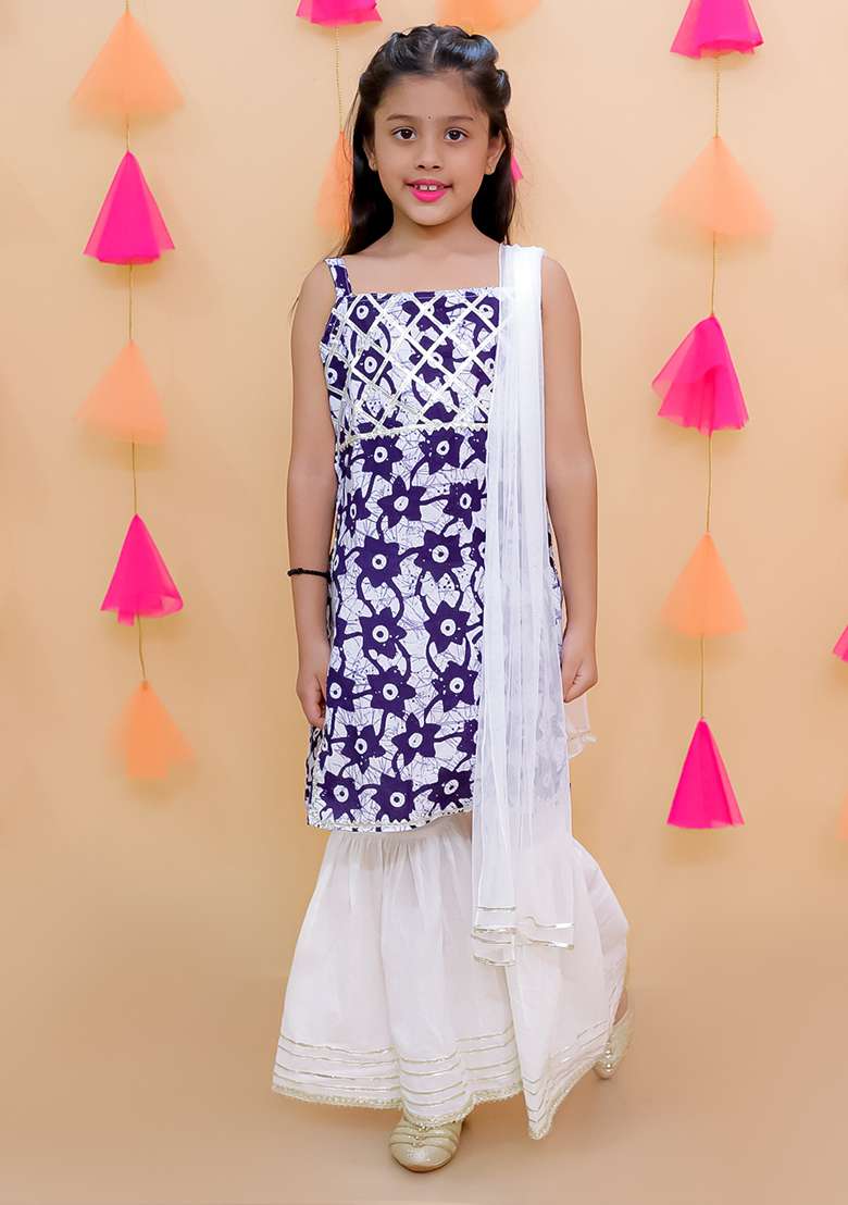 Blue Embellished Cotton Sharara Set For Girls - Indya