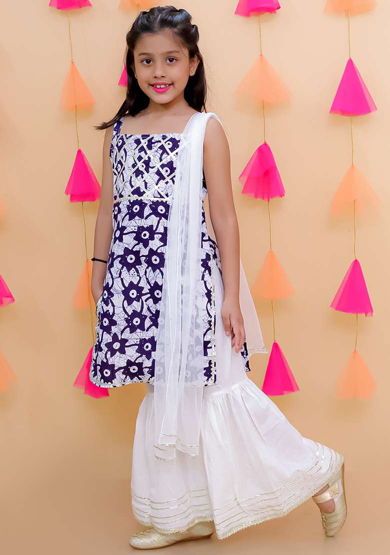 Blue Embellished Cotton Sharara Set For Girls - Indya