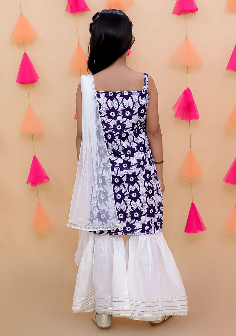 Blue Embellished Cotton Sharara Set For Girls - Indya