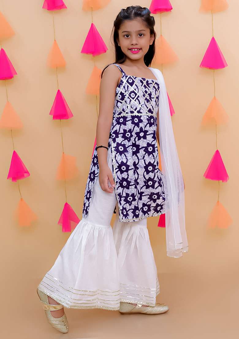 Blue Embellished Cotton Sharara Set For Girls - Indya