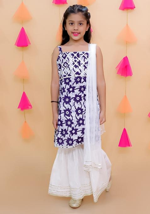 Blue Embellished Cotton Sharara Set For Girls