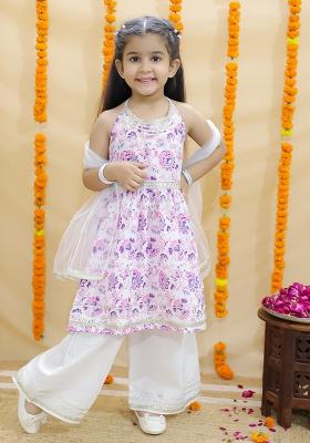 Pink Embellished Cotton Sharara Set For Girls