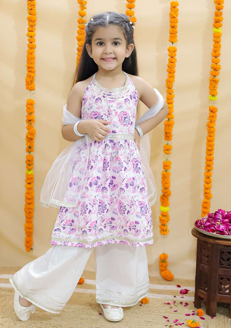 Pink Embellished Cotton Sharara Set For Girls - Indya