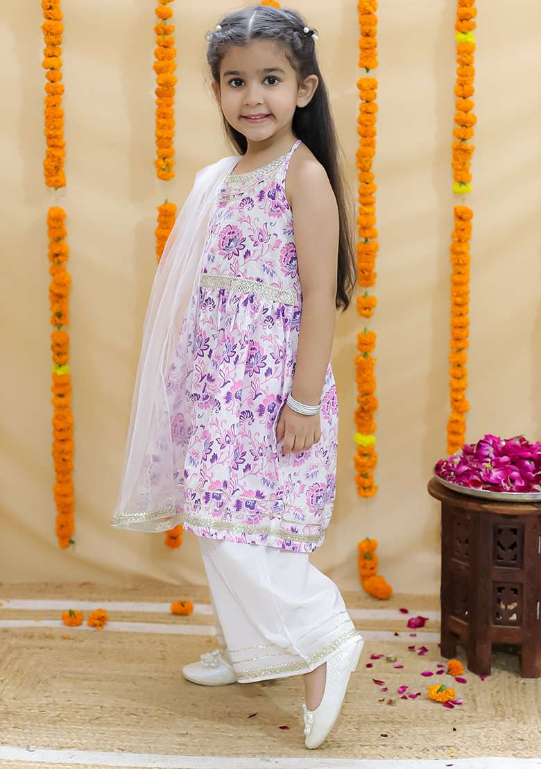 Pink Embellished Cotton Sharara Set For Girls - Indya