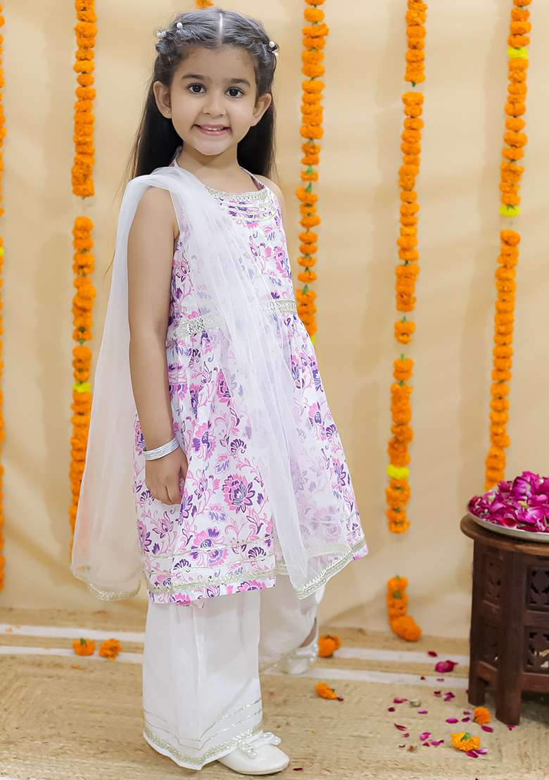 Pink Embellished Cotton Sharara Set For Girls - Indya