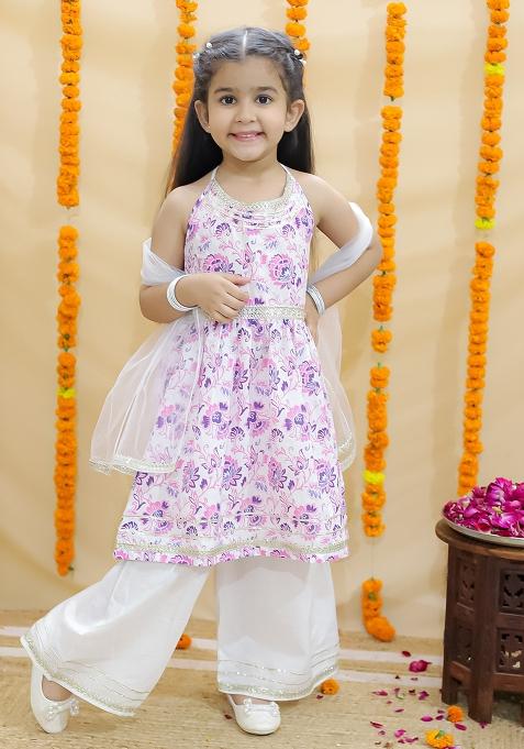 Pink Embellished Cotton Sharara Set For Girls — view on Indya