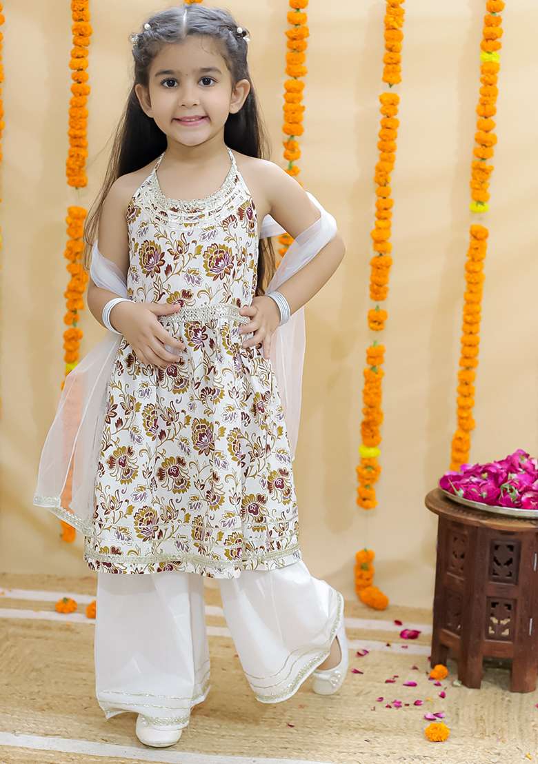 Brown Embellished Cotton Sharara Set For Girls - Indya