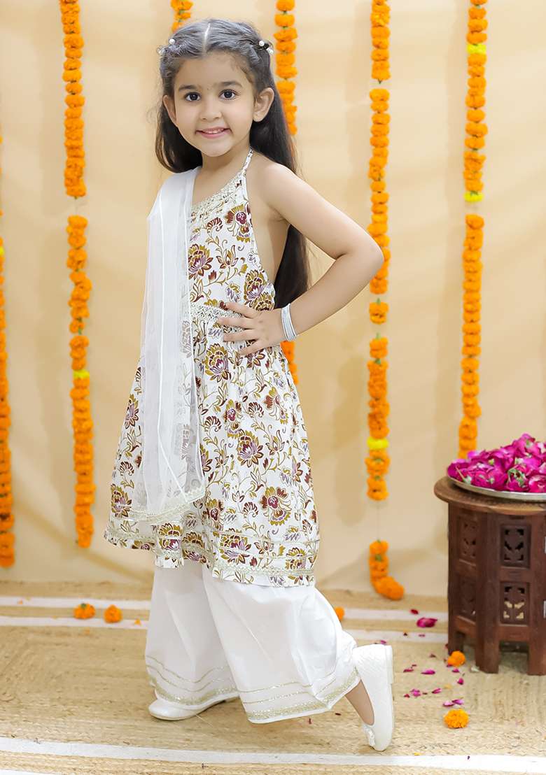 Brown Embellished Cotton Sharara Set For Girls - Indya
