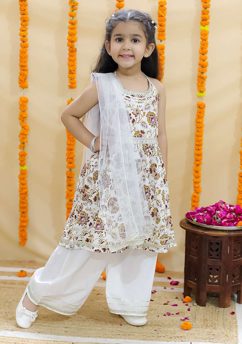Brown Embellished Cotton Sharara Set For Girls - Indya