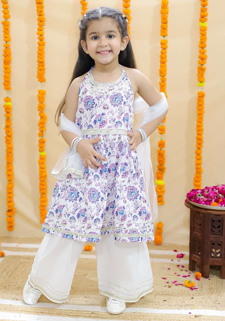 Purple Embellished Cotton Sharara Set For Girls - Indya