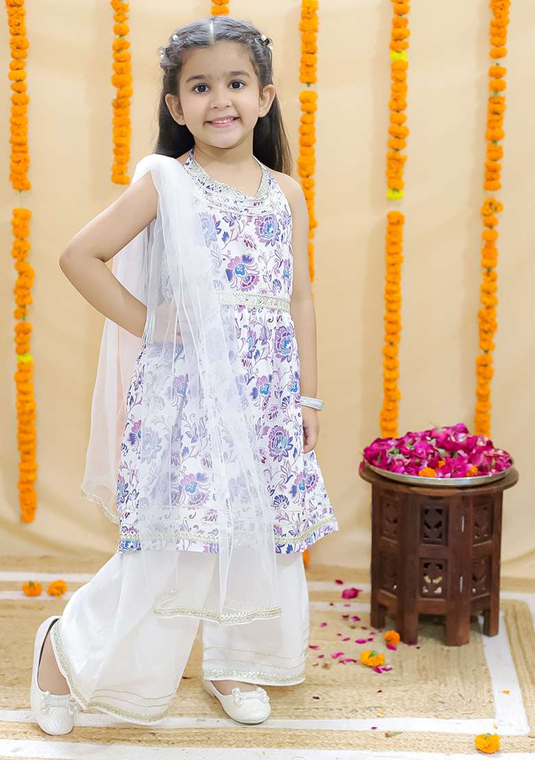 Purple Embellished Cotton Sharara Set For Girls - Indya