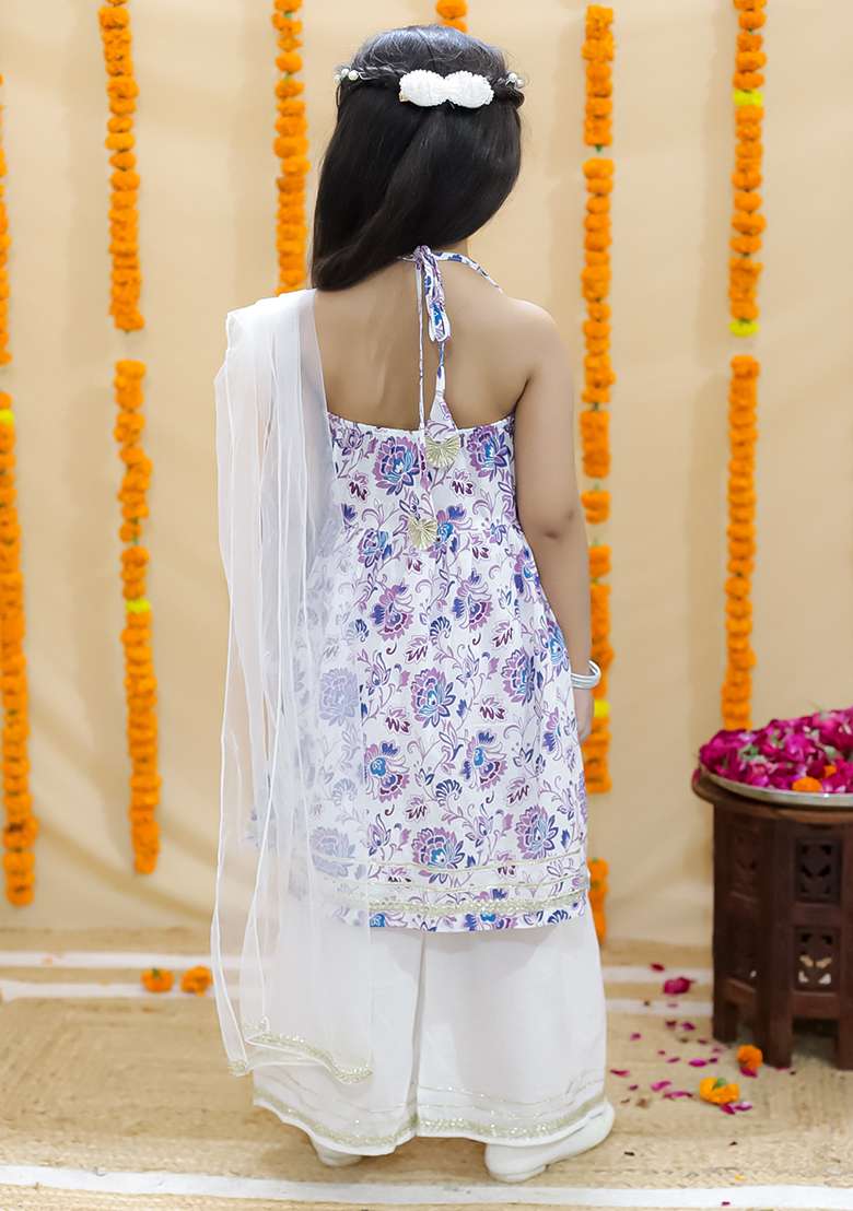 Purple Embellished Cotton Sharara Set For Girls - Indya