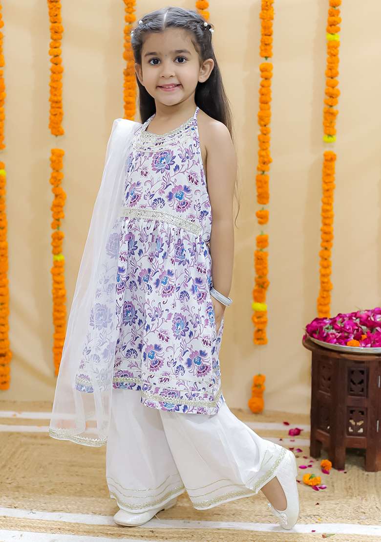 Purple Embellished Cotton Sharara Set For Girls - Indya