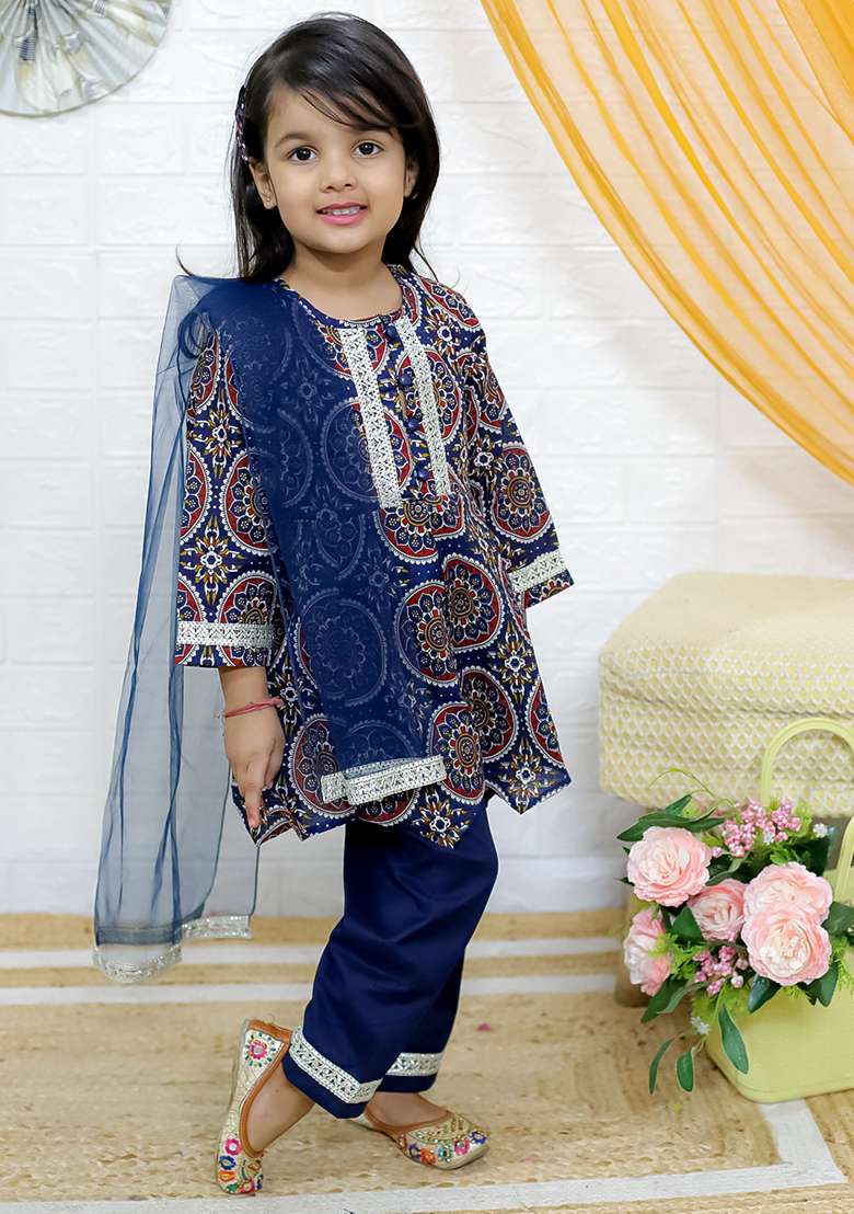 Blue Embellished Cotton Salwar Suit Set For Girls - Indya