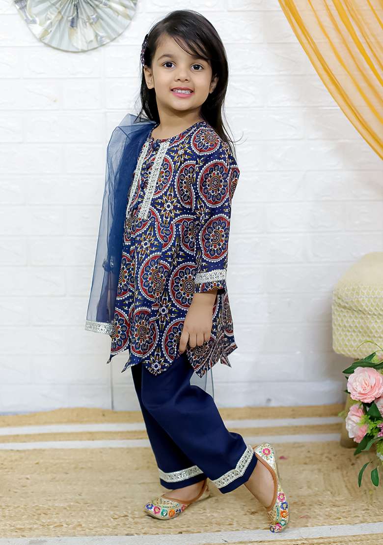 Blue Embellished Cotton Salwar Suit Set For Girls - Indya