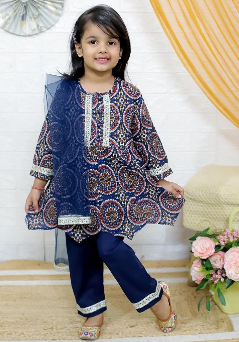 Blue Embellished Cotton Salwar Suit Set For Girls — view on Indya