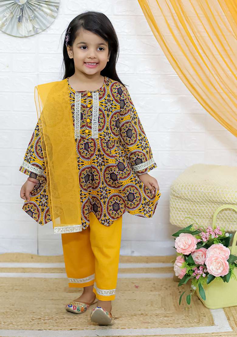 Yellow Embellished Cotton Salwar Suit Set For Girls - Indya