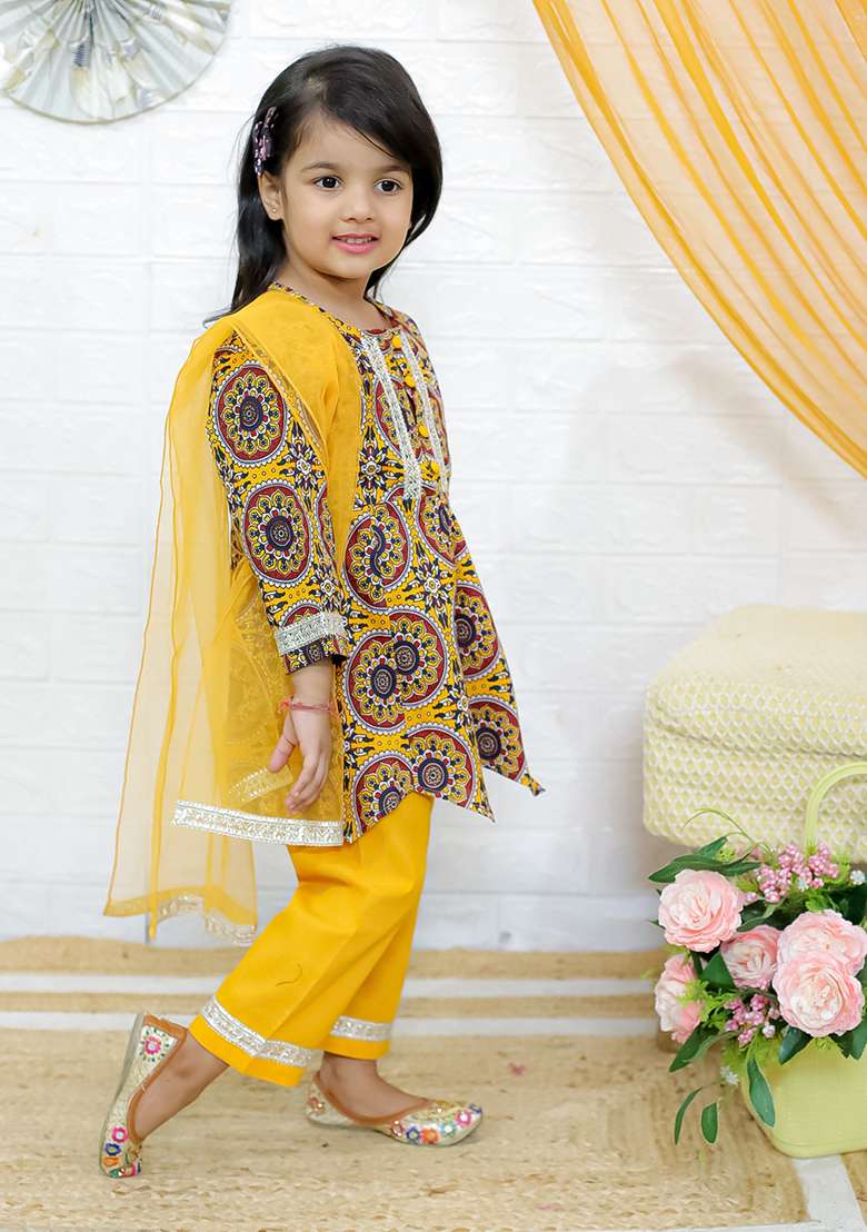Yellow Embellished Cotton Salwar Suit Set For Girls - Indya