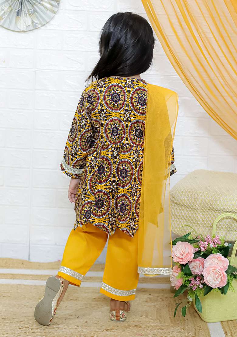 Yellow Embellished Cotton Salwar Suit Set For Girls - Indya