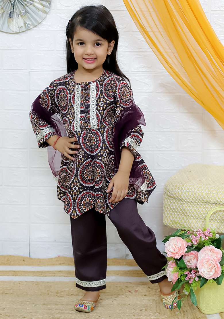 Brown Embellished Cotton Salwar Suit Set For Girls - Indya