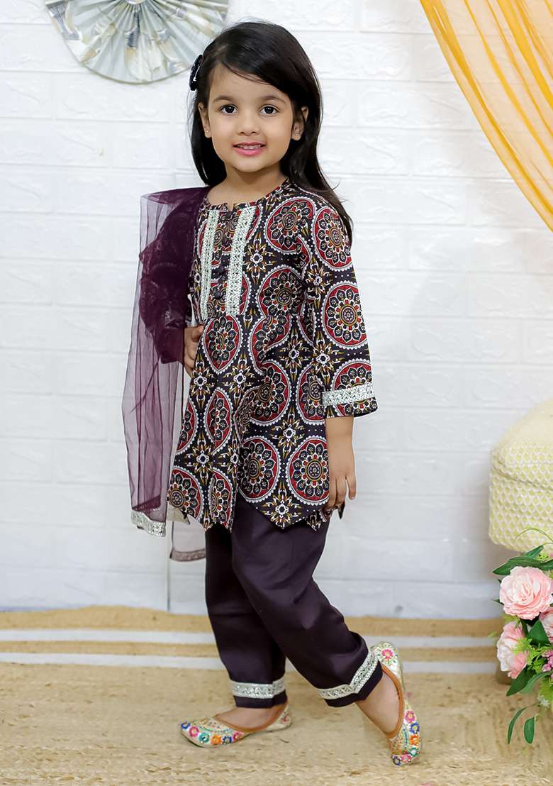 Brown Embellished Cotton Salwar Suit Set For Girls - Indya