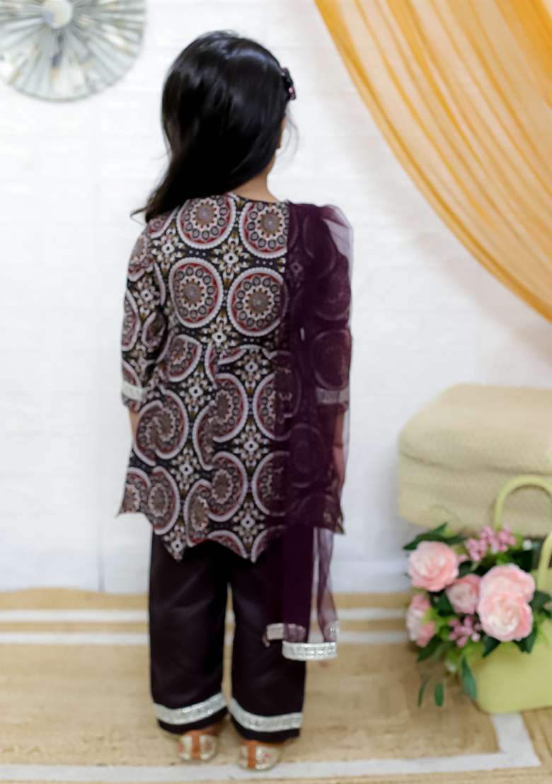 Brown Embellished Cotton Salwar Suit Set For Girls - Indya