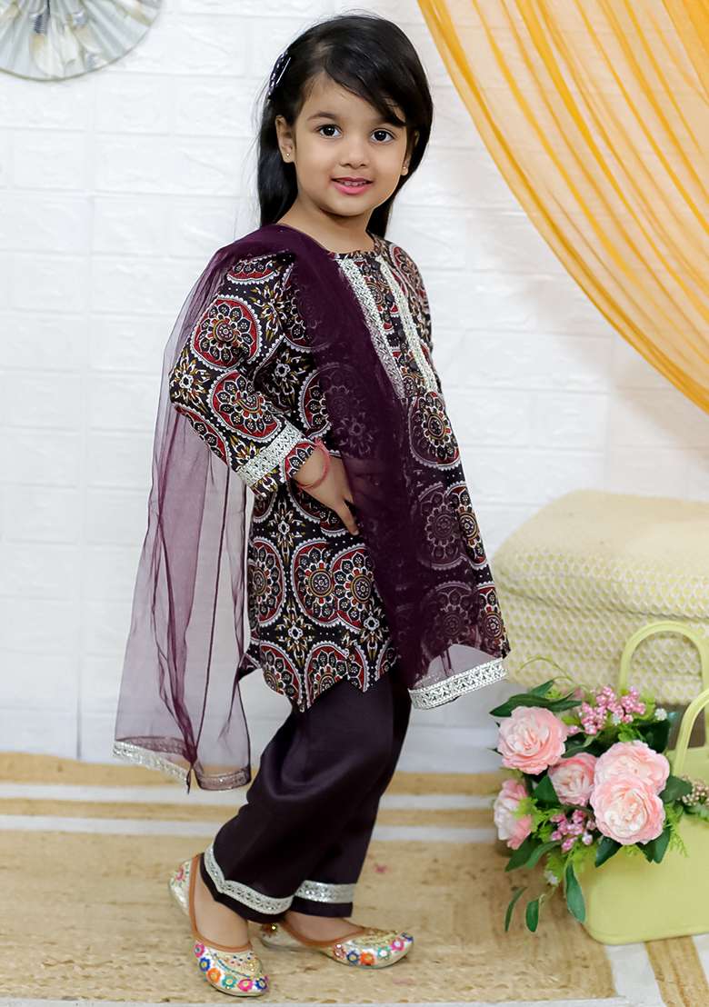 Brown Embellished Cotton Salwar Suit Set For Girls - Indya