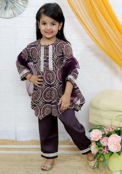 Brown Embellished Cotton Salwar Suit Set For Girls — view on Indya