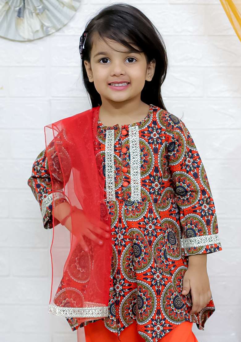 Orange Embellished Cotton Salwar Suit Set For Girls - Indya