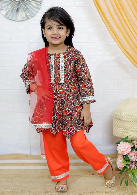 Orange Embellished Cotton Salwar Suit Set For Girls — view on Indya
