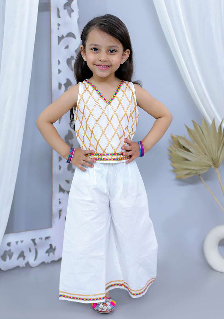 White Embellished Cotton Co Ord Sets For Girls - Indya