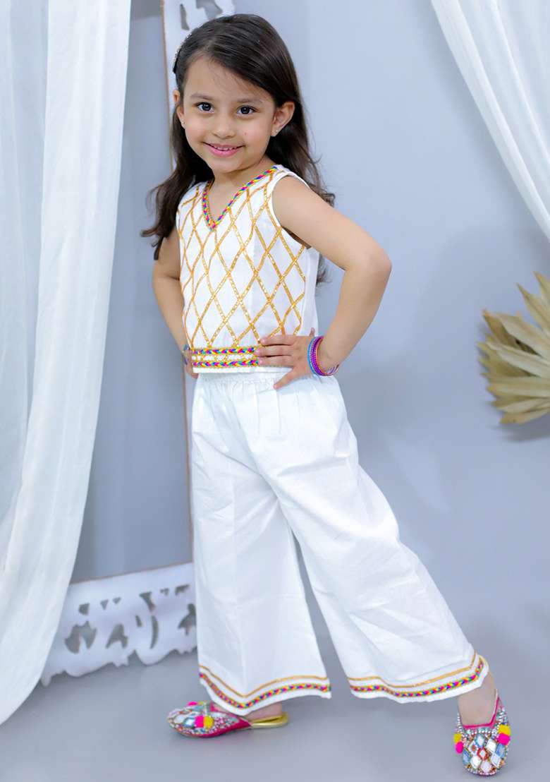 White Embellished Cotton Co Ord Sets For Girls - Indya