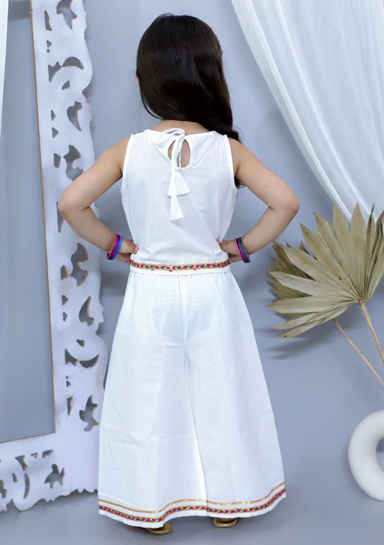 White Embellished Cotton Co Ord Sets For Girls - Indya