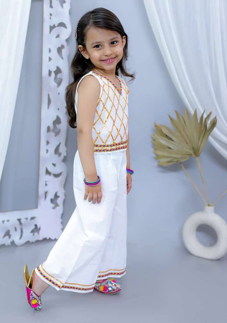 White Embellished Cotton Co Ord Sets For Girls - Indya