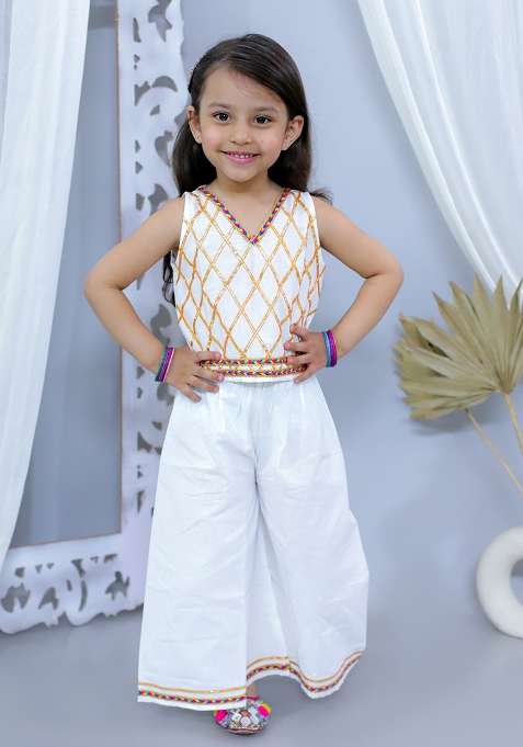 White Embellished Cotton Co Ord Sets For Girls