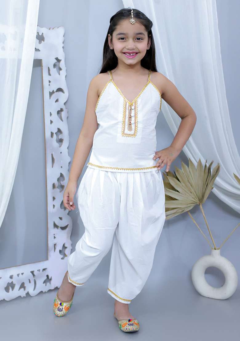 White Embellished Cotton Co Ord Sets For Girls - Indya