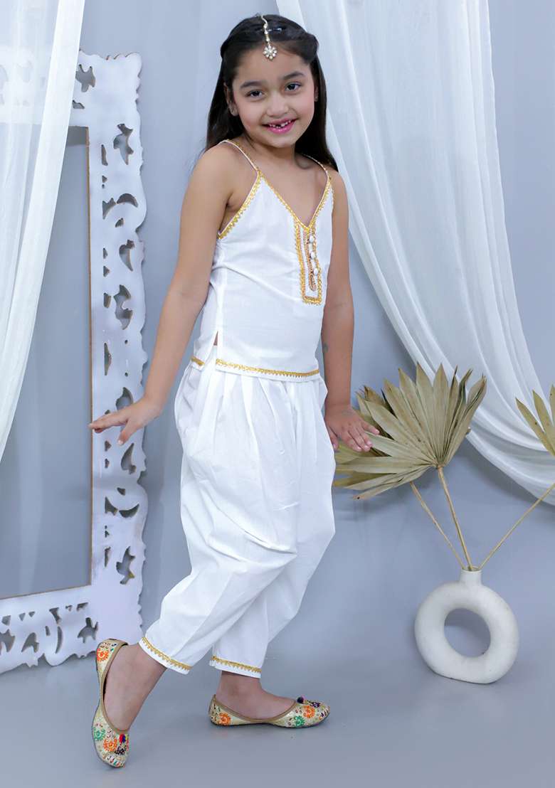 White Embellished Cotton Co Ord Sets For Girls - Indya