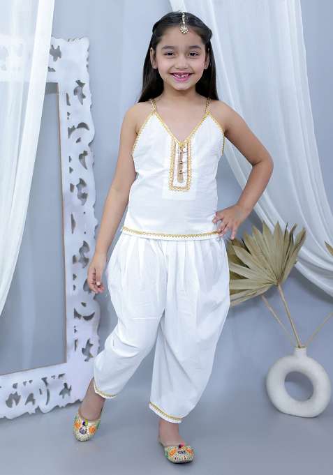 White Embellished Cotton Co Ord Sets For Girls